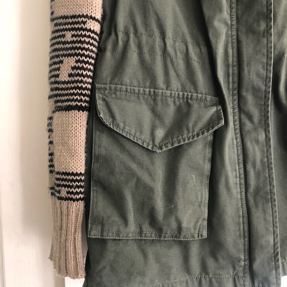 Army Green Jacket with Knit Sleeves and Hood - Picture 3 of 6